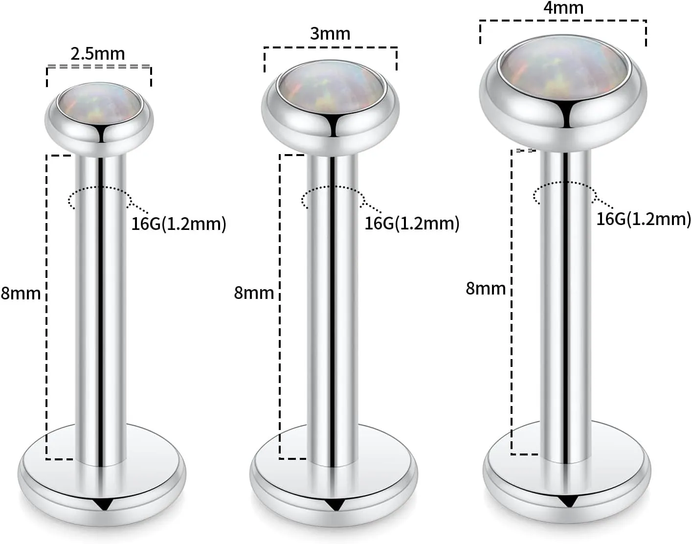 PEAKLINK 3PCS Opal Labret Studs 16G Lip Rings G23 Titanium Tragus Conch Earring Internally Threaded Labret Jewelry Cartilage Helix Piercing Medusa Medusa Jewelry 6/8/10mm