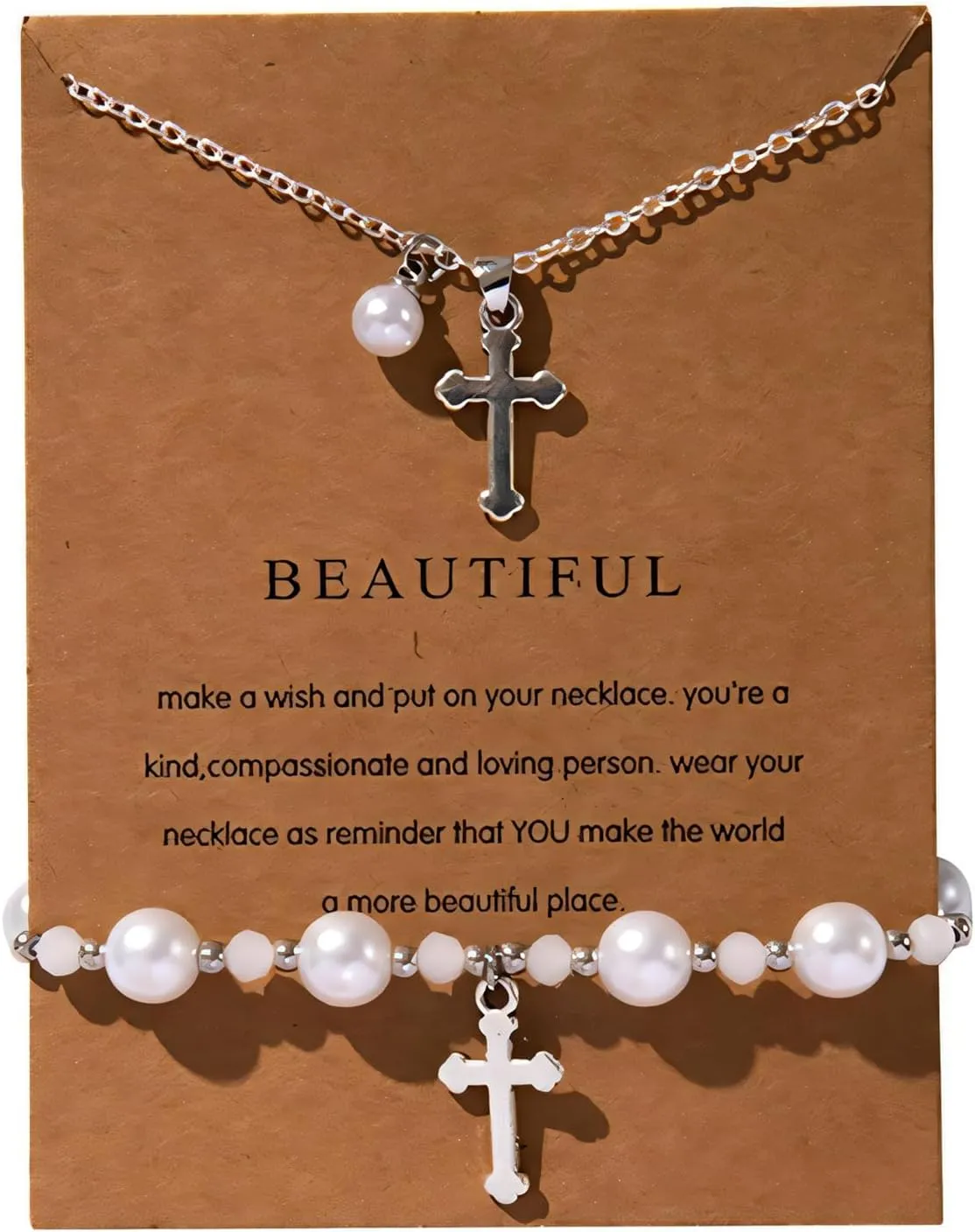 Pearl Cross Necklace and Bracelet Set for Women Cross Pearl Beaded Necklace Bracelet Christian Religious Jewelry First Communion Baptism Confirmation Jewelry Gifts for Daughter Granddaughter
