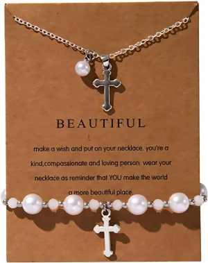 Pearl Cross Necklace and Bracelet Set for Women Cross Pearl Beaded Necklace Bracelet Christian Religious Jewelry First Communion Baptism Confirmation Jewelry Gifts for Daughter Granddaughter
