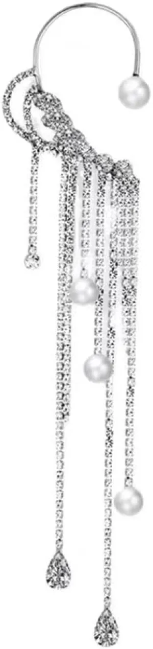 Pearl Ear Cuff With Chain Earrings For Women Non Piercing Long Tassel Rhinestone Crystal Dangle Drop Shiny Dainty Aesthetic Pearl Ear Wrap Crawler Climber Clip On Jewelry Wedding Gift For Bridal