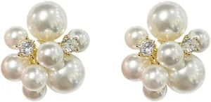Pearl Flower Round CZ Stud Earrings for Women Dainty 925 Sterling Silver Post 14K Gold Plated Huggie Piercing Hypoallergenic Statement Studs Pin Fashion Jewelry Gifts Her Wife Mom Birthday Bff