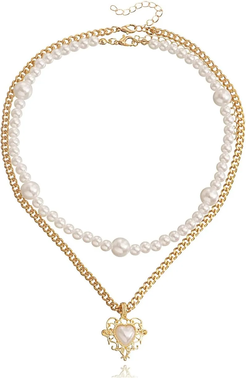 Pearl Heart Necklace for Women Layered Pearl Necklaces Double Layer Necklace Heart Pendant Necklace Birthday Jewelry Gift for Women