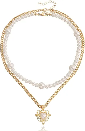 Pearl Heart Necklace for Women Layered Pearl Necklaces Double Layer Necklace Heart Pendant Necklace Birthday Jewelry Gift for Women