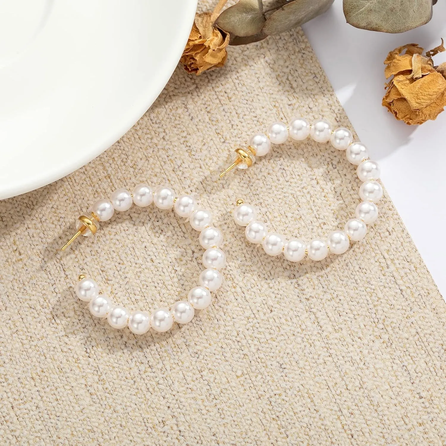 Pearl Hoop Earrings for Women Small Pearl Hoop Earrings Gold Plated Lightweight Open Large Circle Round Pearl Earrings Jewelry Birthday Gift for Women