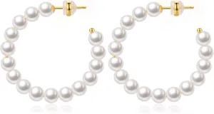 Pearl Hoop Earrings for Women Small Pearl Hoop Earrings Gold Plated Lightweight Open Large Circle Round Pearl Earrings Jewelry Birthday Gift for Women