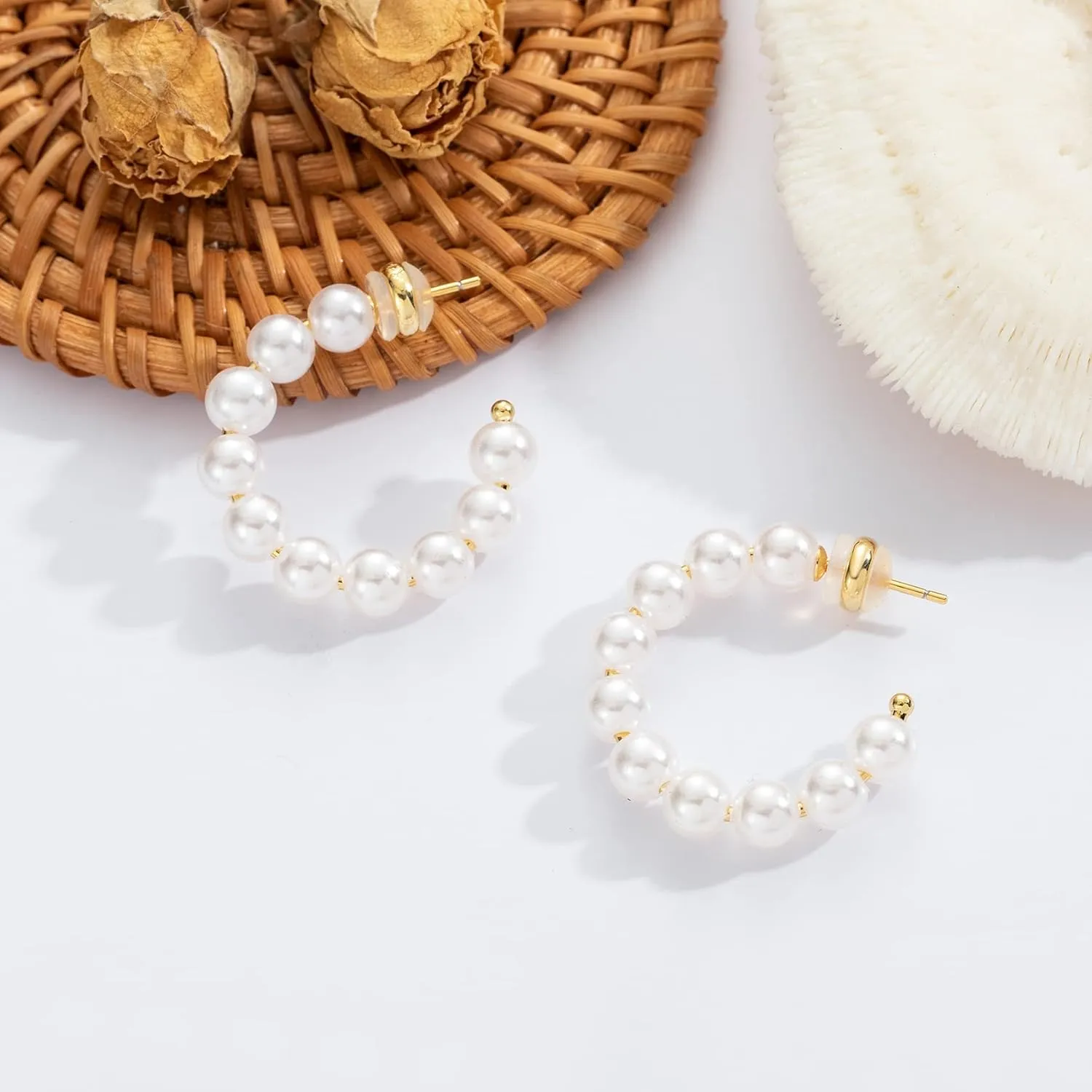 Pearl Hoop Earrings for Women Small Pearl Hoop Earrings Gold Plated Lightweight Open Large Circle Round Pearl Earrings Jewelry Birthday Gift for Women