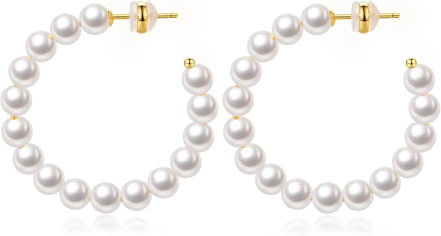 Pearl Hoop Earrings for Women Small Pearl Hoop Earrings Gold Plated Lightweight Open Large Circle Round Pearl Earrings Jewelry Birthday Gift for Women