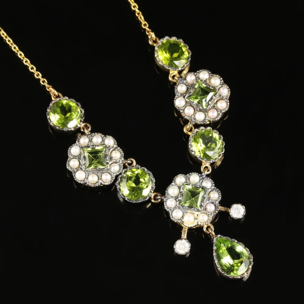 Peridot Pearl Diamond Necklace 9Ct Gold