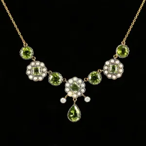 Peridot Pearl Diamond Necklace 9Ct Gold