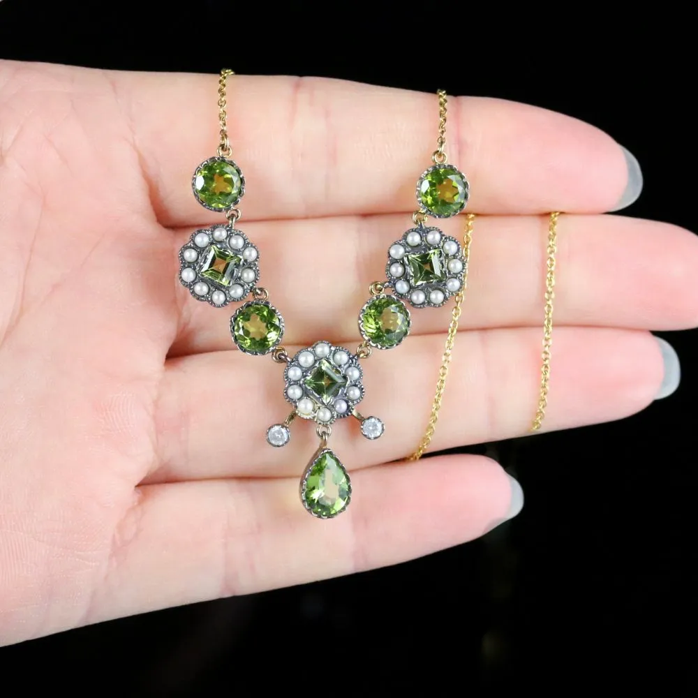 Peridot Pearl Diamond Necklace 9Ct Gold