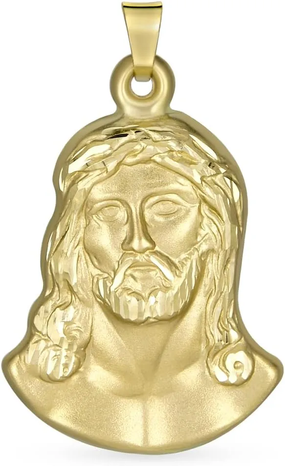Personalize Matt & Shiny Yellow Real 14K Gold Religious Metal Protection Medallion Face of Jesus Christ Head Pendant Necklace For Men Teens Women NO Chain