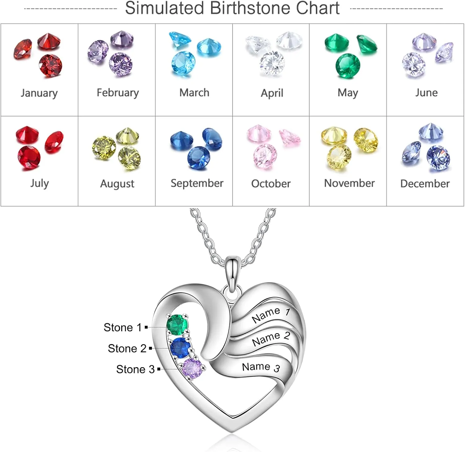 Personalized 2/3/4/5 Names Necklaces for Women,Custom Mothers Day Necklace with 2/3/4/5 Birthstones, for Women,Mother's Day Heart Pendant Name Necklace