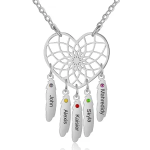 Personalized Dreamcatcher Birthstone Necklace - Mother Necklace - Custom Engraved Silver/Gold Pendant with Kids Names - Ideal Mother's Day Gift, Family Jewelry