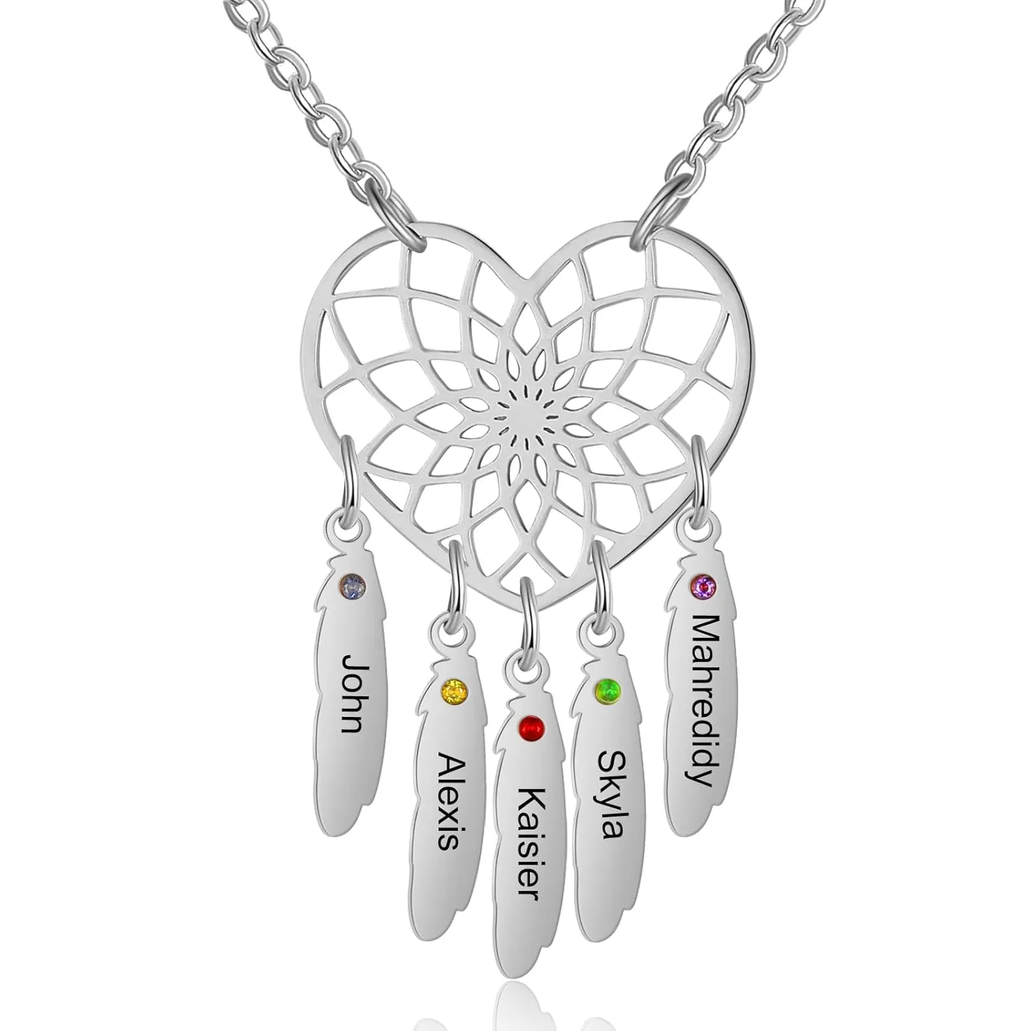 Personalized Dreamcatcher Birthstone Necklace - Mother Necklace - Custom Engraved Silver/Gold Pendant with Kids Names - Ideal Mother's Day Gift, Family Jewelry