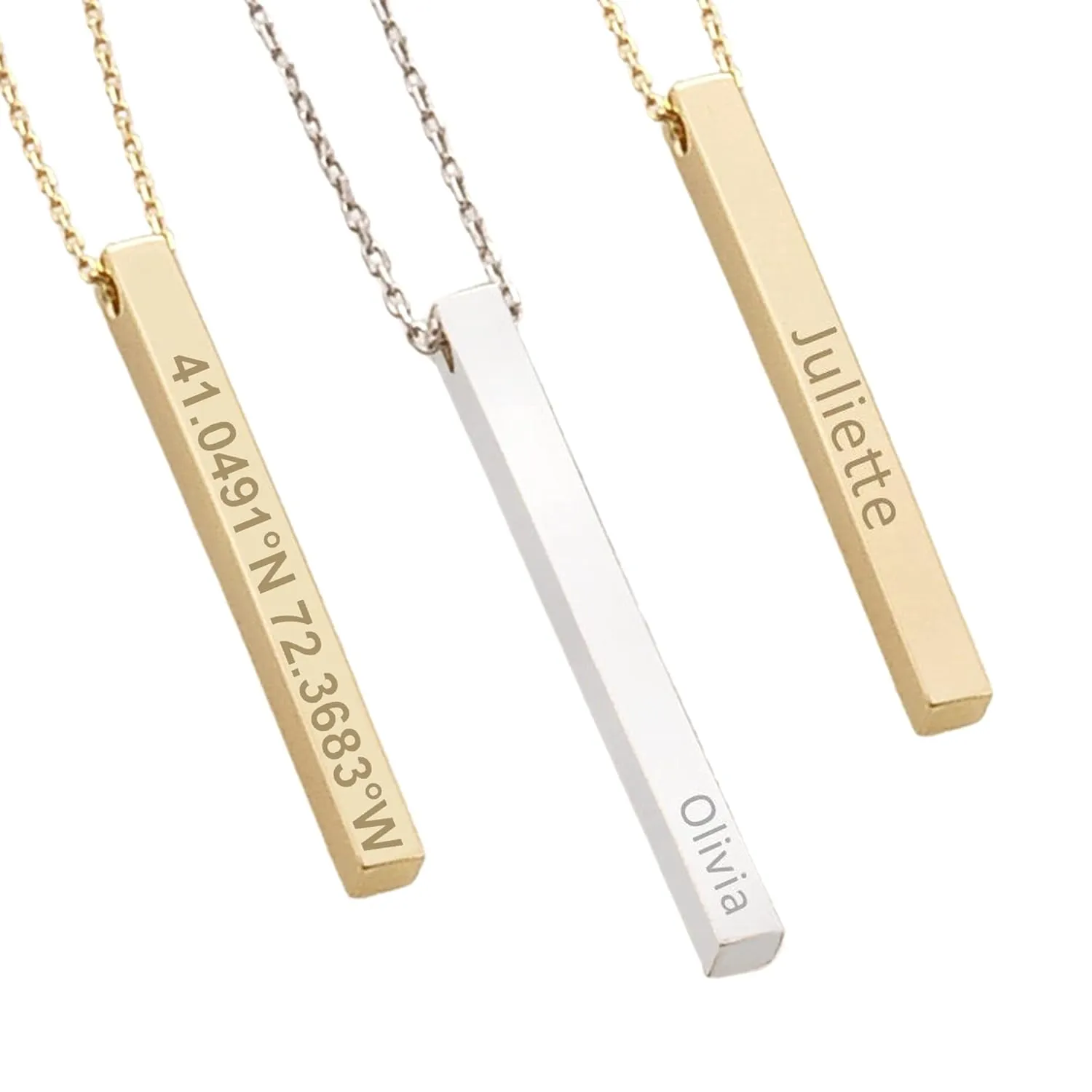 Personalized Gold 3D Bar Necklace - Engraved Name, Date, Coordinates - Real Gold or Sterling Silver - Unique Gift for Women and Men