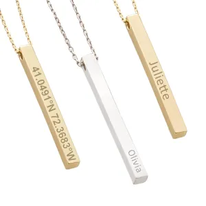 Personalized Gold 3D Bar Necklace - Engraved Name, Date, Coordinates - Real Gold or Sterling Silver - Unique Gift for Women and Men