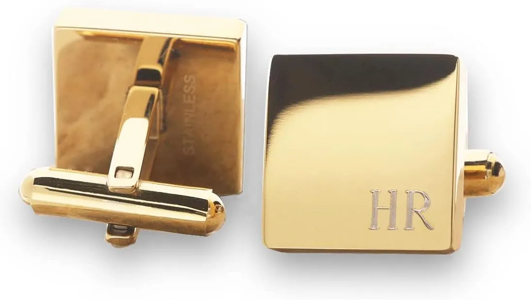 Personalized Gold-tone Custom Monogram Initial Square Cufflinks Cuff Links Stainless Steel Engraved