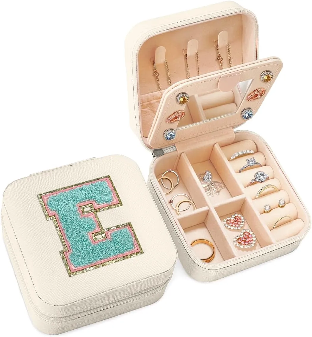 Personalized Jewelry Box, White Travel Jewelry Box with Initial E, Monogrammed Small Jewelry Case Organizer for Girls Teen Tween Kids Women, Mini Travel Essentials Gifts for Birthday Christmas