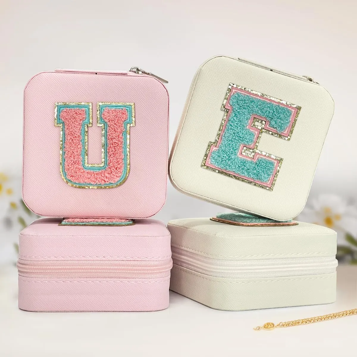 Personalized Jewelry Box, White Travel Jewelry Box with Initial E, Monogrammed Small Jewelry Case Organizer for Girls Teen Tween Kids Women, Mini Travel Essentials Gifts for Birthday Christmas