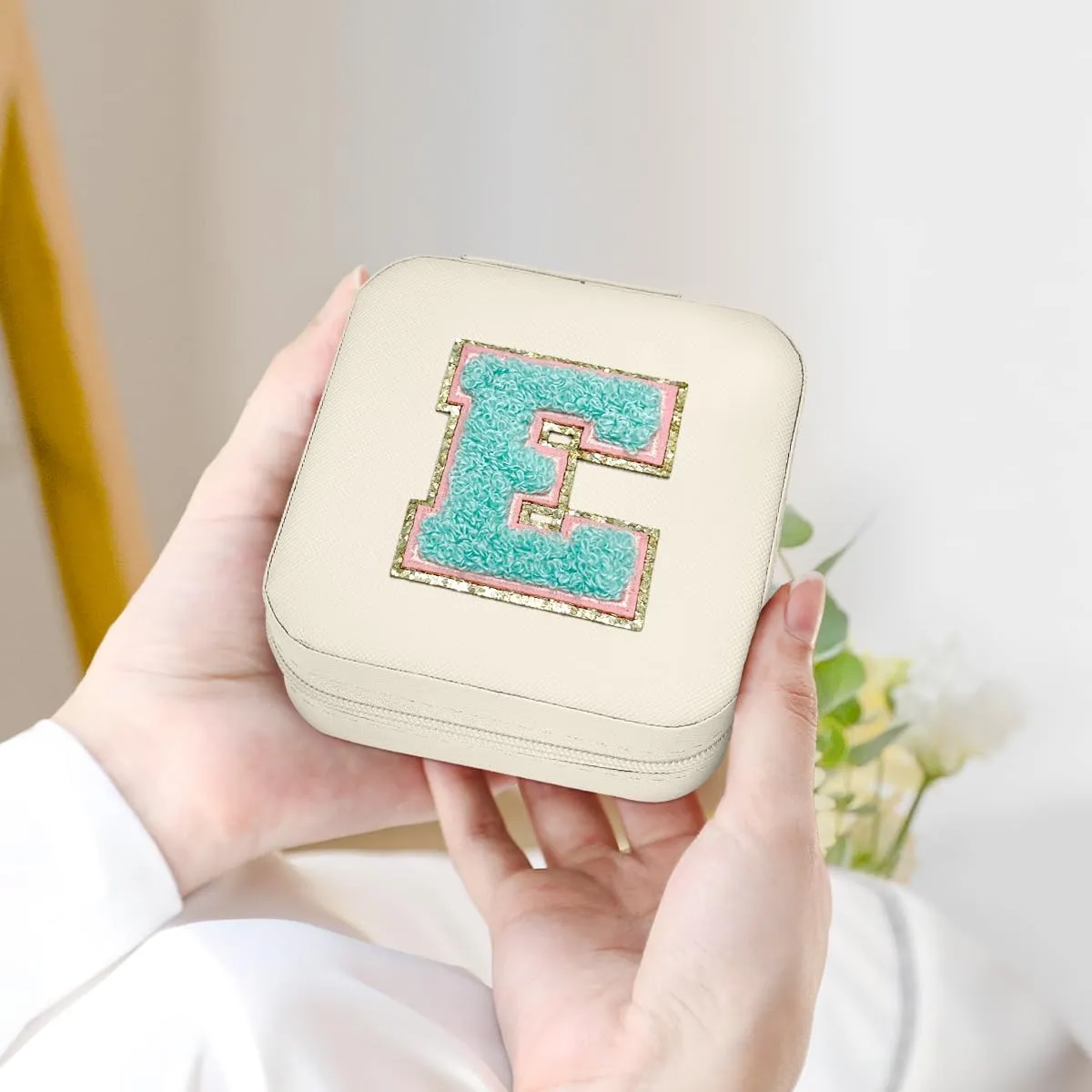 Personalized Jewelry Box, White Travel Jewelry Box with Initial E, Monogrammed Small Jewelry Case Organizer for Girls Teen Tween Kids Women, Mini Travel Essentials Gifts for Birthday Christmas