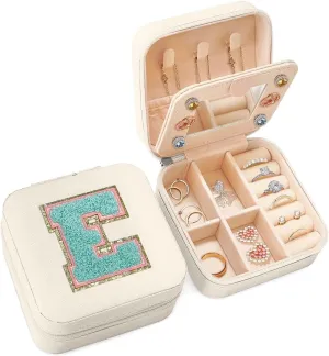 Personalized Jewelry Box, White Travel Jewelry Box with Initial E, Monogrammed Small Jewelry Case Organizer for Girls Teen Tween Kids Women, Mini Travel Essentials Gifts for Birthday Christmas