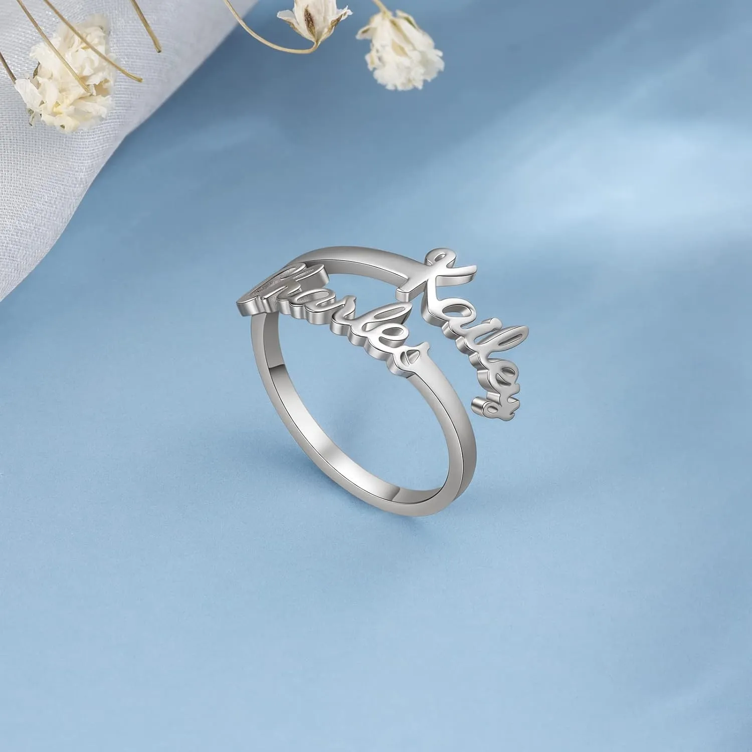 Personalized Name Ring for Women, Custom Promise Ring for Her Adjustable Couples Rings with 2 Names Personalized Jewelry Gift for Women Mother BFF