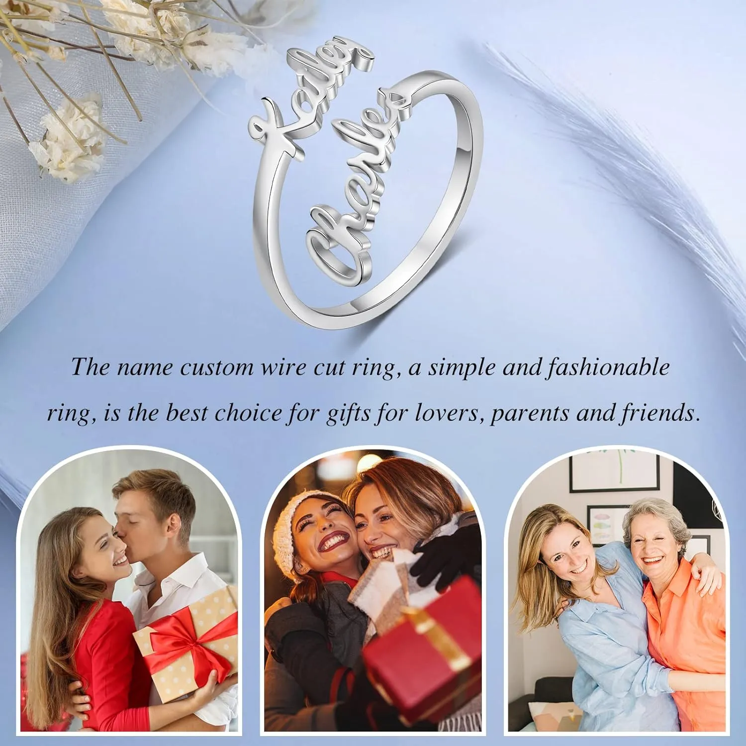 Personalized Name Ring for Women, Custom Promise Ring for Her Adjustable Couples Rings with 2 Names Personalized Jewelry Gift for Women Mother BFF