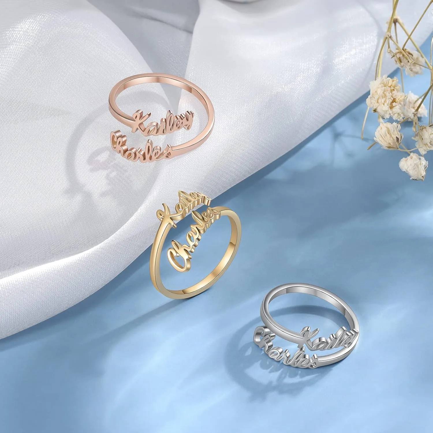 Personalized Name Ring for Women, Custom Promise Ring for Her Adjustable Couples Rings with 2 Names Personalized Jewelry Gift for Women Mother BFF