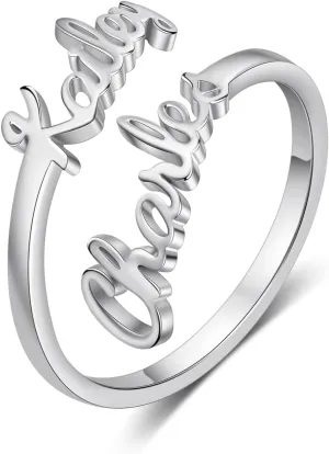 Personalized Name Ring for Women, Custom Promise Ring for Her Adjustable Couples Rings with 2 Names Personalized Jewelry Gift for Women Mother BFF