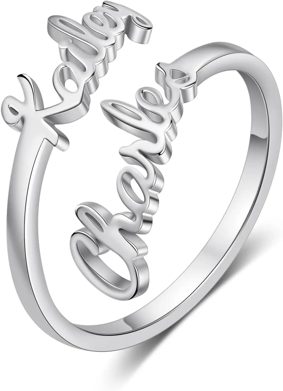 Personalized Name Ring for Women, Custom Promise Ring for Her Adjustable Couples Rings with 2 Names Personalized Jewelry Gift for Women Mother BFF