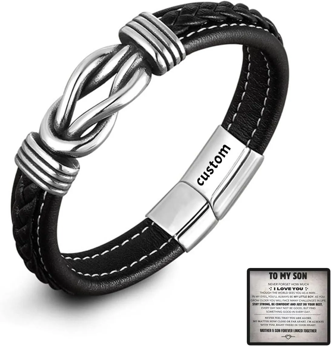 Personalized Son's Infinity Knot Bracelet Gift Set with Engraved Name, zeilla Forever Linked Together Bracelet for My Son, zeilla To My Son Infinity Knot Leather for Birthday Christmas