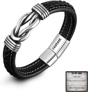 Personalized Son's Infinity Knot Bracelet Gift Set with Engraved Name, zeilla Forever Linked Together Bracelet for My Son, zeilla To My Son Infinity Knot Leather for Birthday Christmas