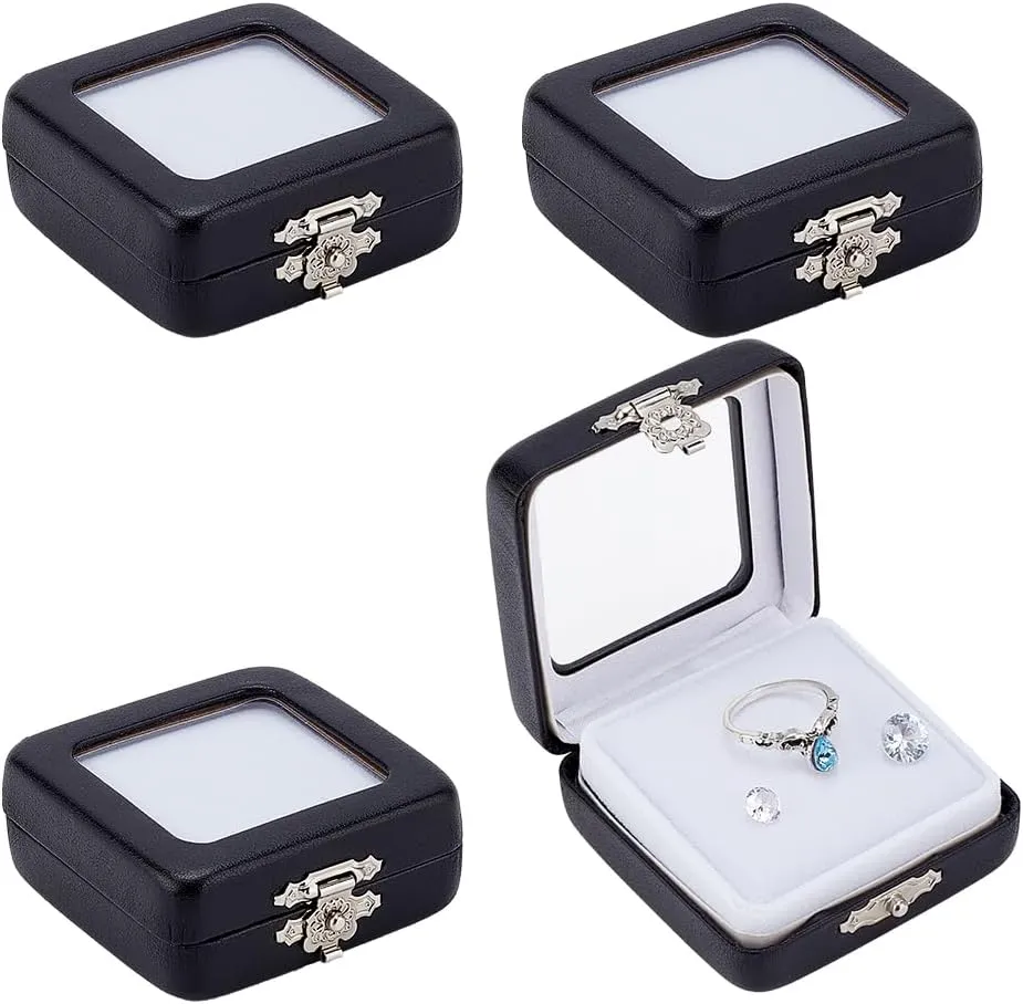 PH PandaHall 4pcs PU Leather Gemstone Display Box, Small Jewelry Containers Black Rectangle Storage Case Rock Collection Box with Visible Window and Sponge for Small Items Gems Diamond Displaying
