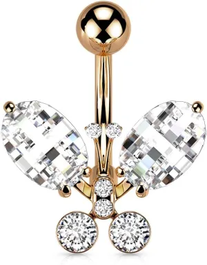 Pierced Owl 14GA Clear Faceted Elegant Crystal Butterfly 316L Surgical Stainless Steel Belly Button Ring (Rose Gold tone/Clear)