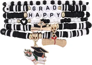 Pingyongchang Class of 2025 Graduation Beaded Stretch Bracelets Cute Handmade Happy Grad Clay Stackable Friendship Bracelet for Student Teacher Graduation Party Jewelry Gift