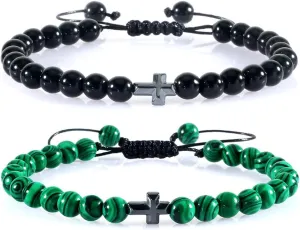 Pingyongchang Cross Beads Bracelet for Men 6mm Natural Stone Handmade Braided Adjustable Bracelet Gifts for Women Men Couple Gifts Jewelry