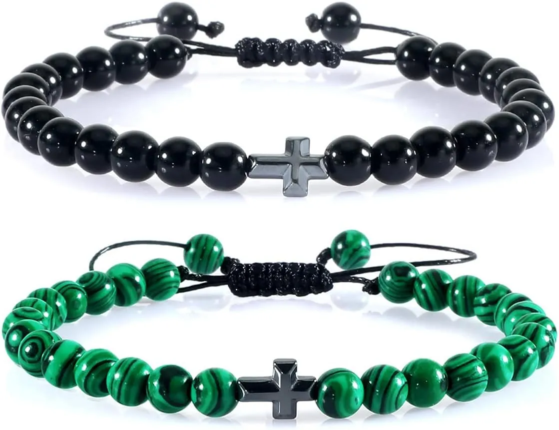Pingyongchang Cross Beads Bracelet for Men 6mm Natural Stone Handmade Braided Adjustable Bracelet Gifts for Women Men Couple Gifts Jewelry