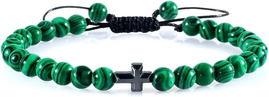 Pingyongchang Cross Beads Bracelet for Men 6mm Natural Stone Handmade Braided Adjustable Bracelet Gifts for Women Men Couple Gifts Jewelry