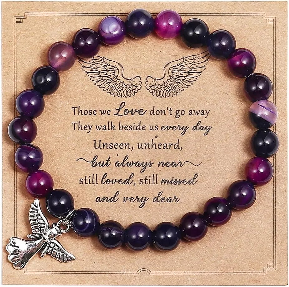 Pingyongchang Natural Stone Guardian Angel Charm Bracelets for Women Fashion Inspirational Religious Crystal Beaded Stretch Elastic Bracelet for Women Birthday Gifts Faith and Love Jewelry