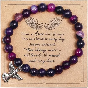 Pingyongchang Natural Stone Guardian Angel Charm Bracelets for Women Fashion Inspirational Religious Crystal Beaded Stretch Elastic Bracelet for Women Birthday Gifts Faith and Love Jewelry