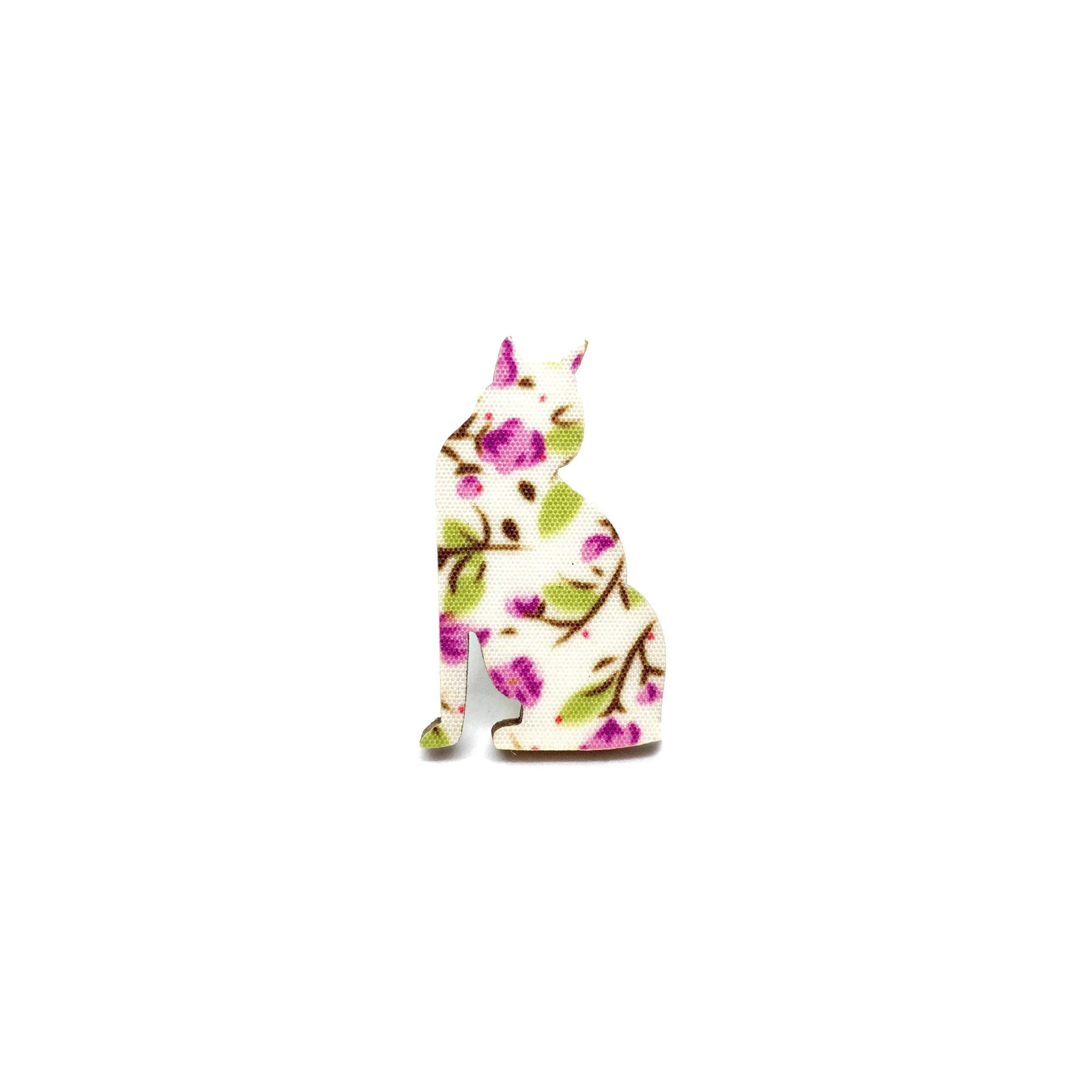 Pink Floral Cat Wooden Brooch Pin