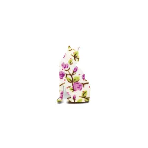 Pink Floral Cat Wooden Brooch Pin