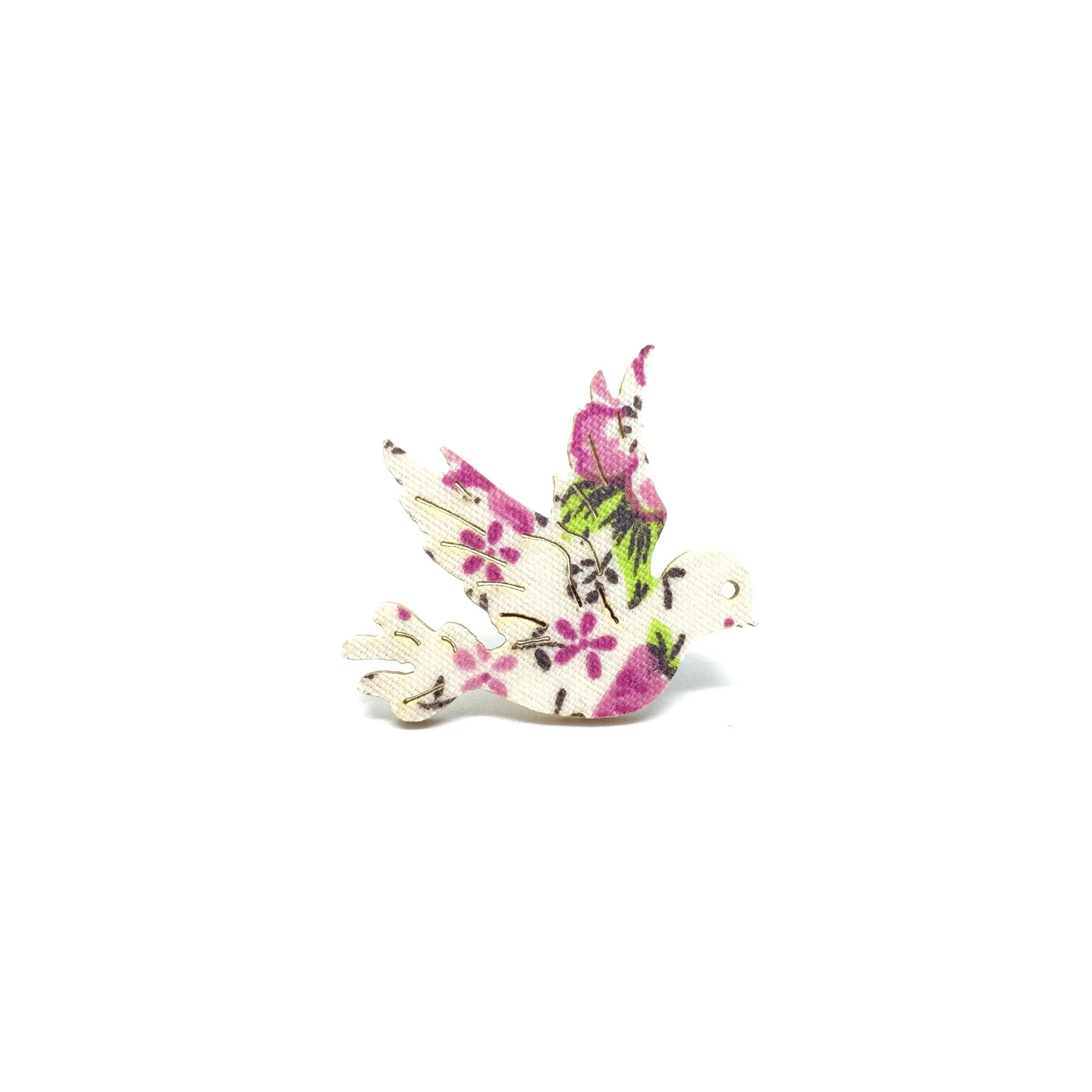 Pink Floral Dove Wooden Brooch Pin