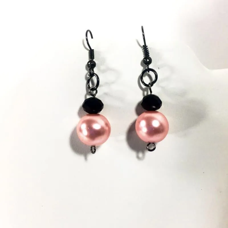 Pink Glass Pearls With Gunmetal French Hoops Women's Dangle Earrings
