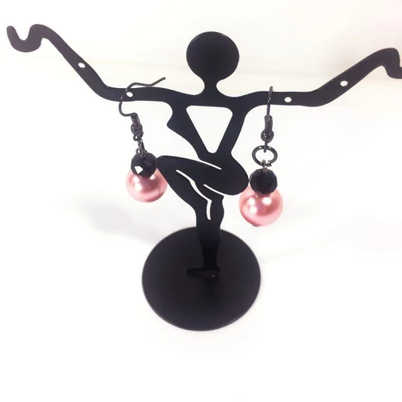 Pink Glass Pearls With Gunmetal French Hoops Women's Dangle Earrings