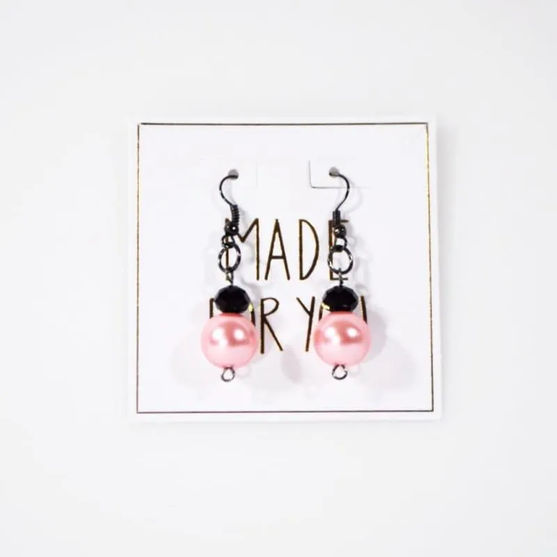 Pink Glass Pearls With Gunmetal French Hoops Women's Dangle Earrings