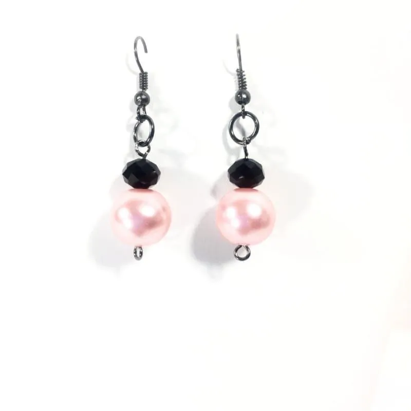 Pink Glass Pearls With Gunmetal French Hoops Women's Dangle Earrings