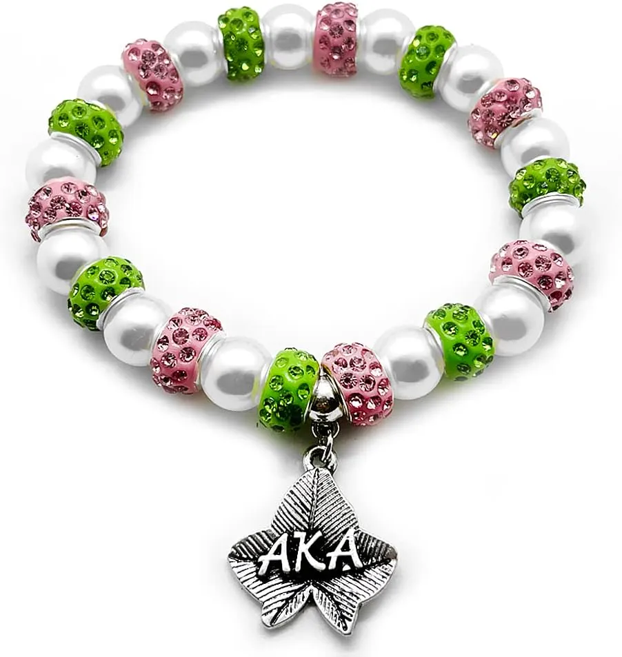 Pink Green sorority society Jewelry Ivy leaves letter Metal Pendant Pearl Elastic Bracelet