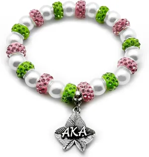 Pink Green sorority society Jewelry Ivy leaves letter Metal Pendant Pearl Elastic Bracelet