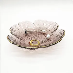 Pink Small Ring Dish, Flower Glass Jewelry Dish Tray, Crystal Jewlery Ring Holder Dish, Vanity Decorative Dish Trinket Tray, Engagement Gift Jewelry Plate for Rings,Earrings, Entryway Key Bowl